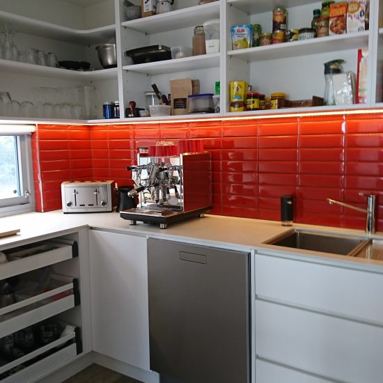 Butler’s pantry, subway tiles, red subway tiles, feature tiles