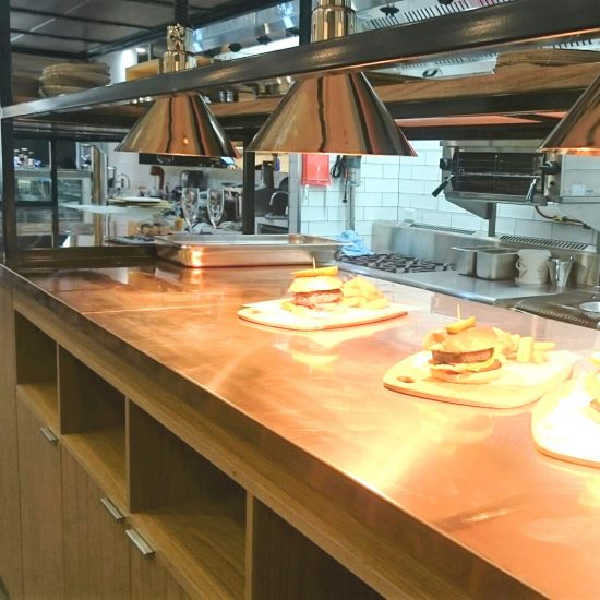 Café design, restaurant design, pass through, food heat lamps, industrial style, steel frame, copper benchtop